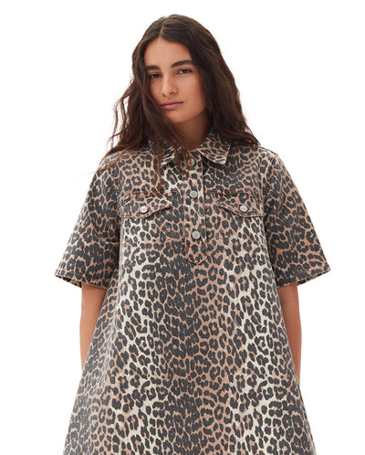 Print Denim Mini Dress Leopard