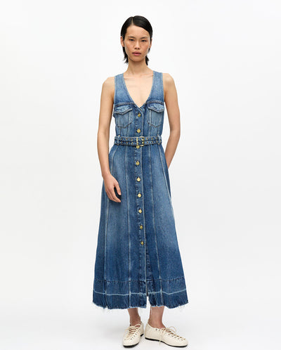 Light Denim Belt Midi Dress Mid Blue Vintage