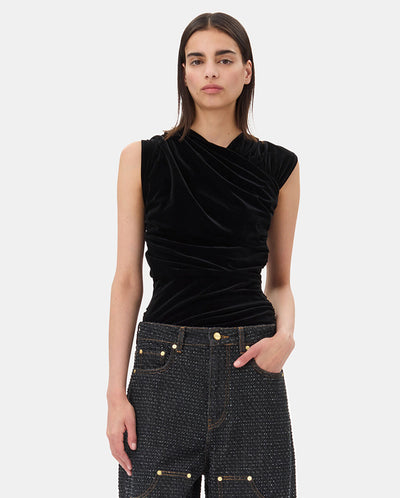 Velvet Ruched Crossover Top BLACK