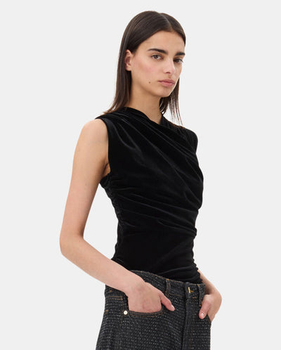 Velvet Ruched Crossover Top BLACK